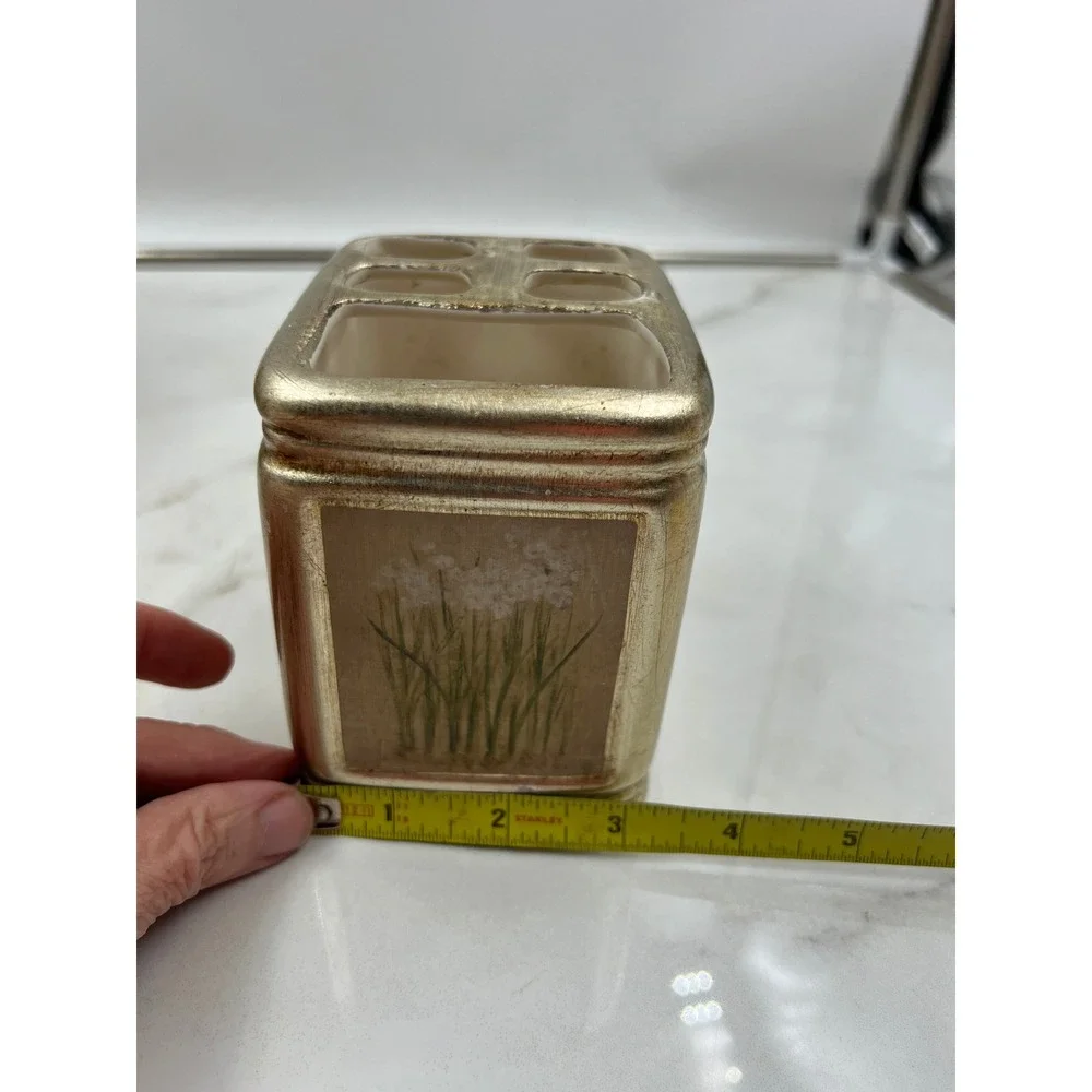 Croscill Home Orchids & Narcissus Gold Bathroom Set Tissue Box Toothbrush Holder